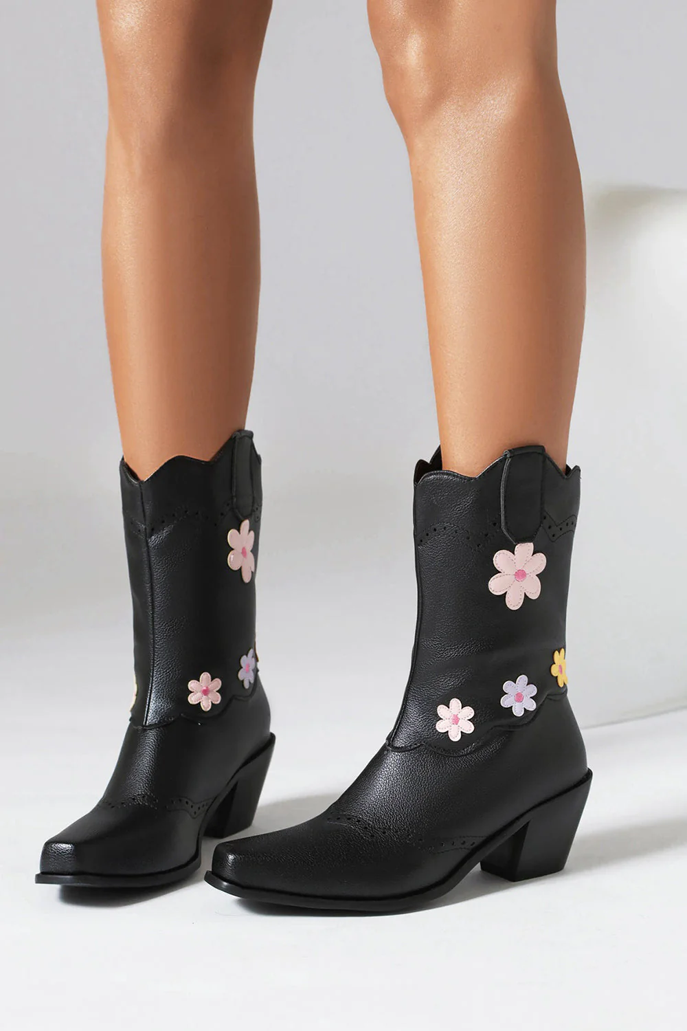 Black Mid Calf Chunky Heel Cowgirl Boots - JUORTHO
