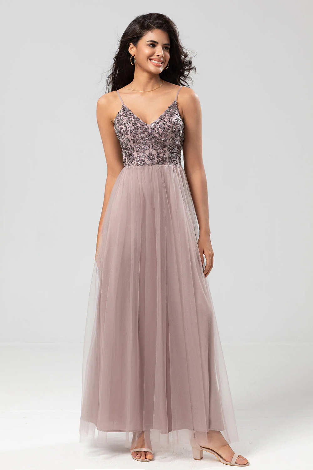 Chic Romantic A Line Spaghetti Straps Dusty Blue Long Bridesmaid Dress with Beading - JUORTHO