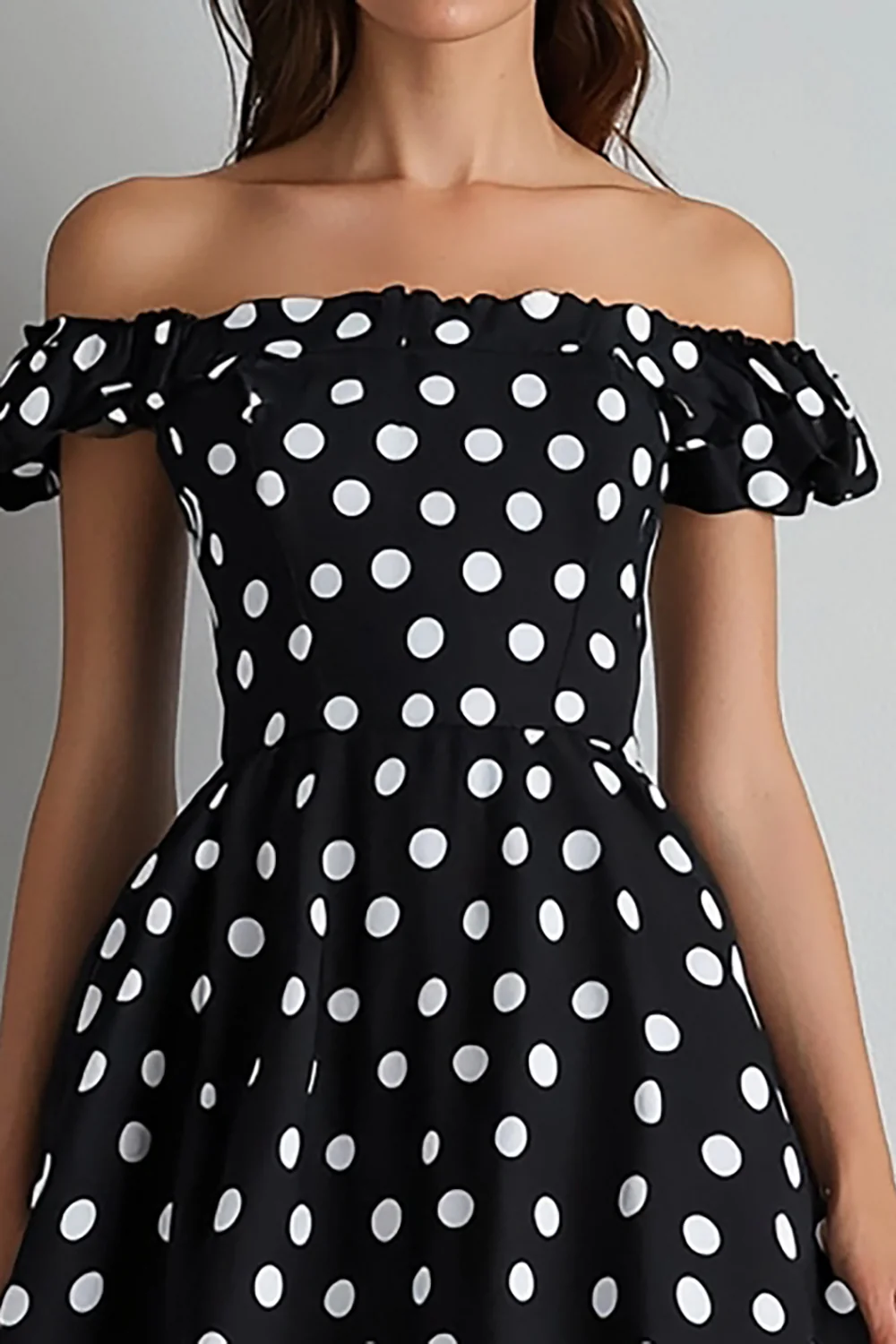 Off the Shoulder A Line Black and White Maxi Satin Polka Dot Dress - JUORTHO