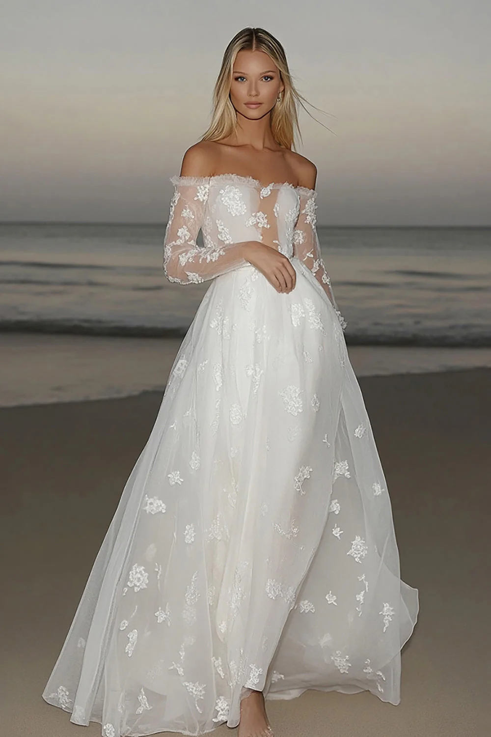 Romantic Ivory A Line Tulle Long Sleeve Wedding Dress with Lace Appliques - JUORTHO