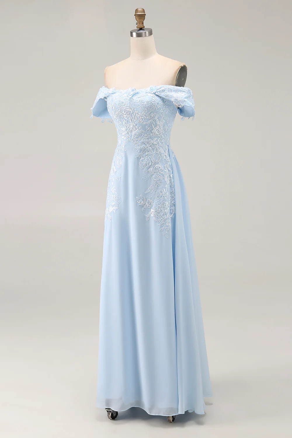 Sky Blue Off the Shoulder Chiffon Sheath Long Mother of the Bride Dress with Appliques - JUORTHO