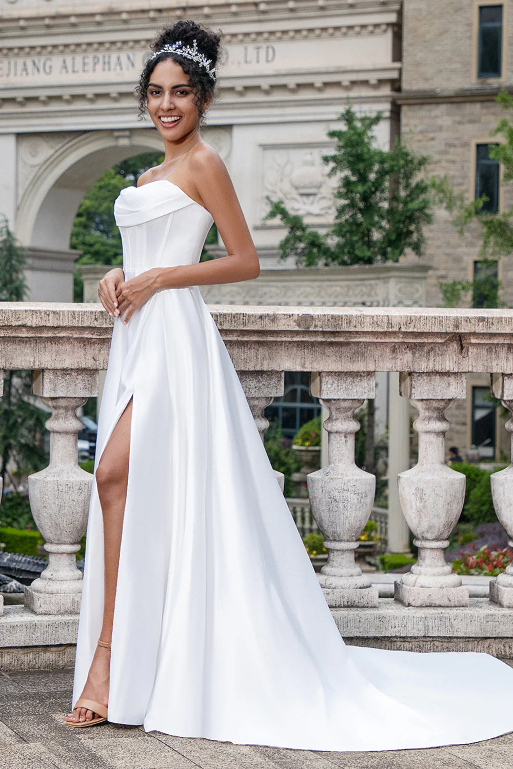 Elegant White A Line Strapless Pleated Sweep Train Corset Wedding Dress With Slit - JUORTHO