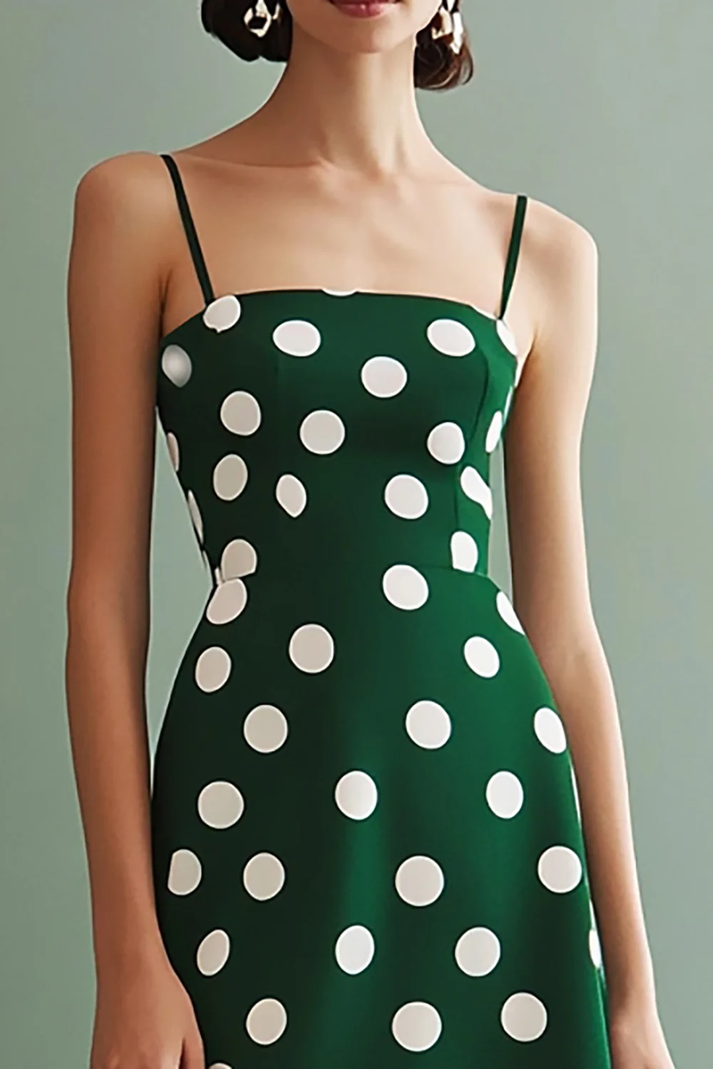 Chiffon Green and White Spaghetti Straps Boho A Line Midi Polka Dot Dress - JUORTHO