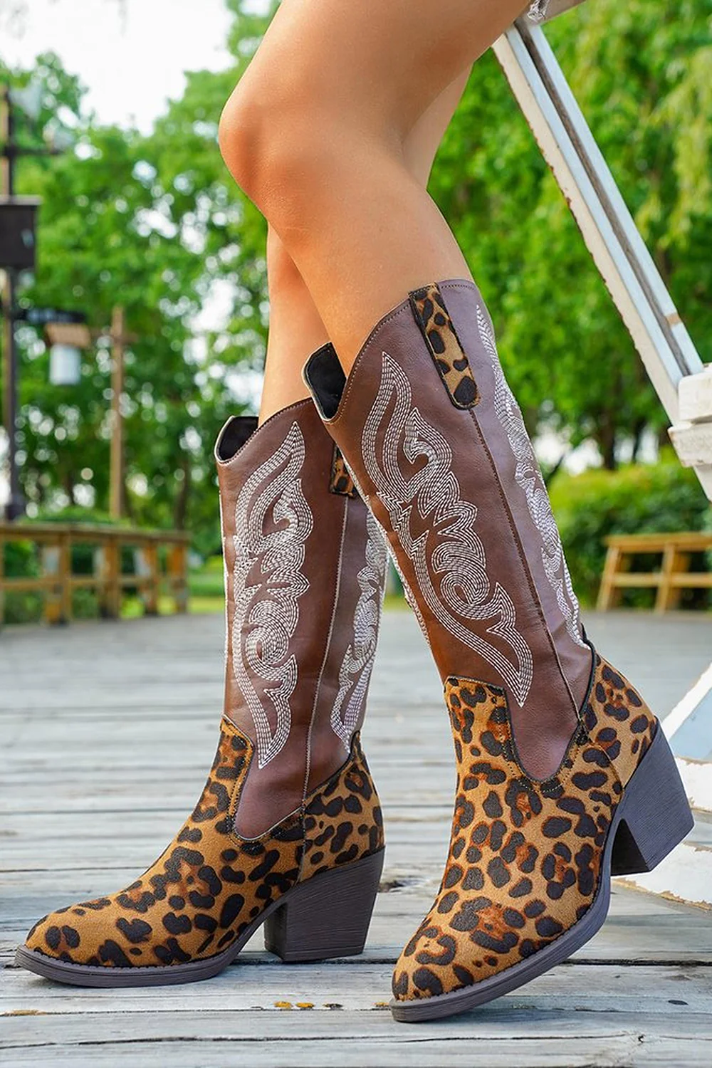 Brown Leopard Wide Calf Western Cowgirl Pointed Toe Chunky Heel Boots - JUORTHO