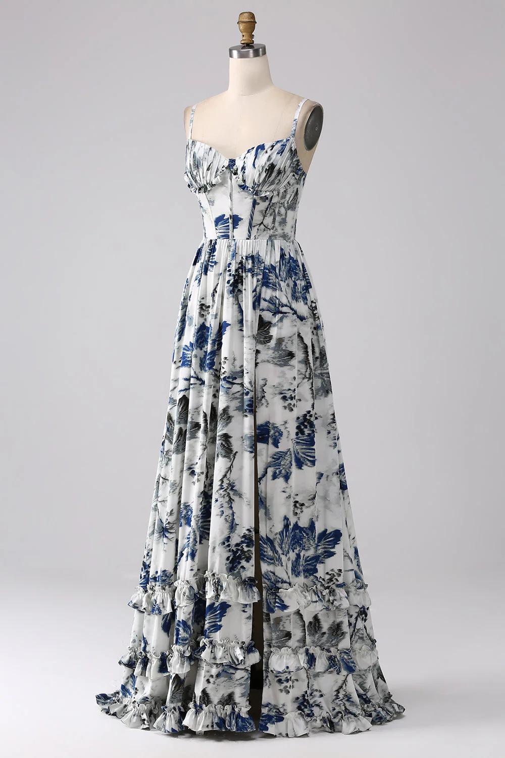 Pleated Blue Printed Corset Long Prom Dress with Slit - JUORTHO