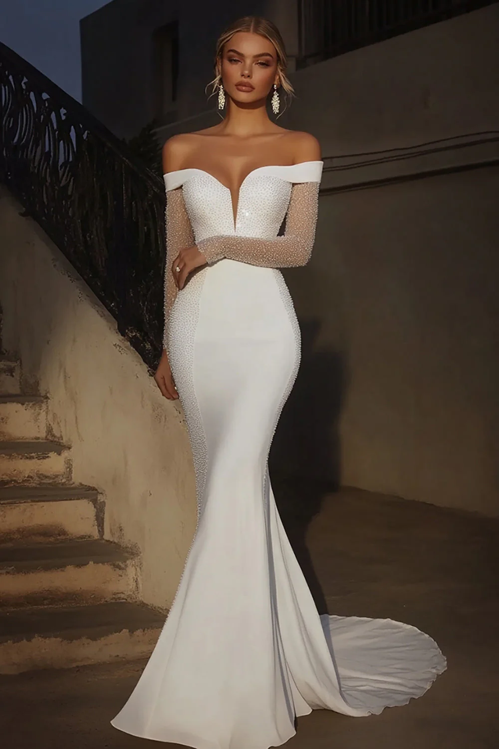 Elegant Ivory Off the Shoulder Mermaid Long Wedding Dress with Long Sleeves - JUORTHO