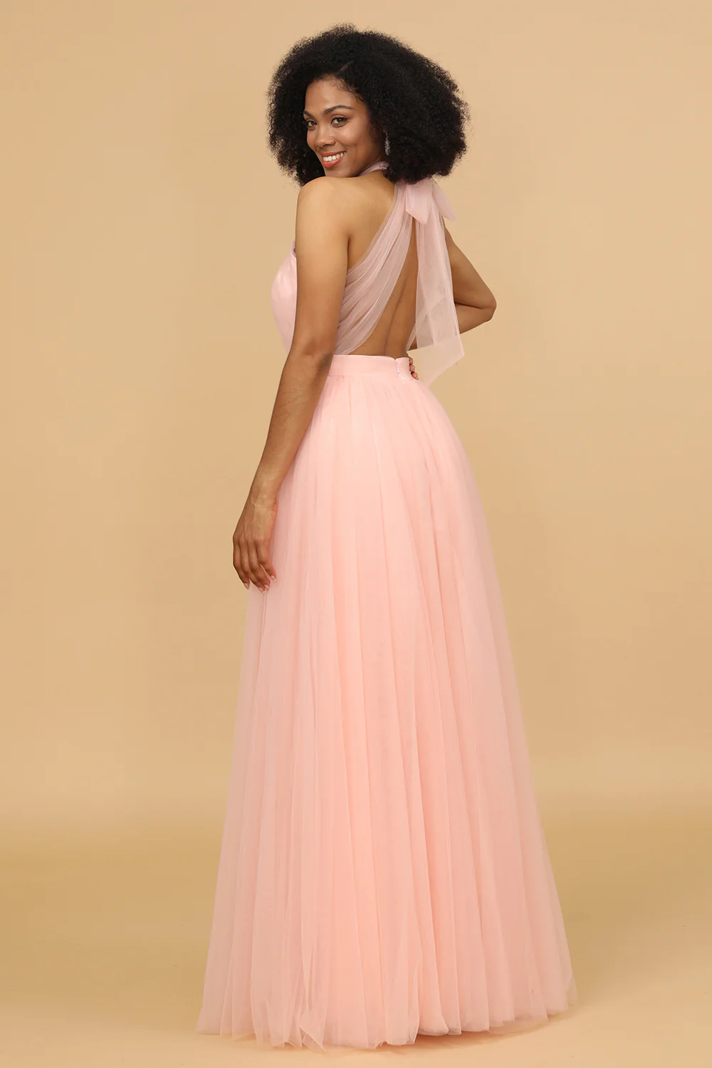 Blush Halter Tulle Long Bridesmaid Dress - JUORTHO