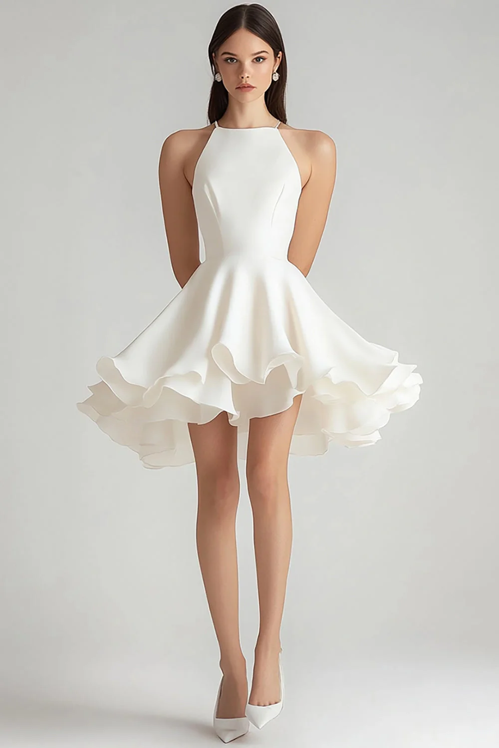Ivory Chiffon A Line Short Graduation Dress with Ruffles - JUORTHO