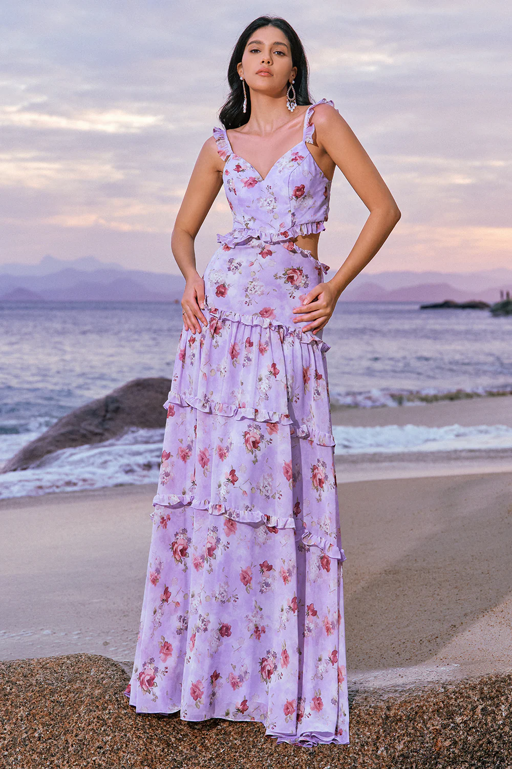 Grey Purple Floral A Line Long Bridesmaid Dress with Ruffles - JUORTHO