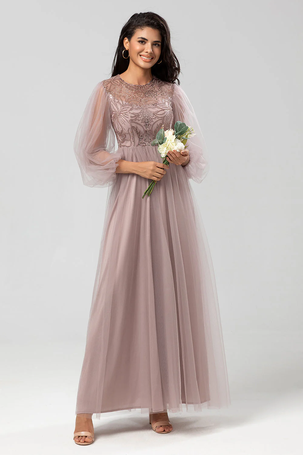 Chic Romantic A Line Jewel Neck Grey Blue Long Wedding Party Dress with Long Sleeves - JUORTHO