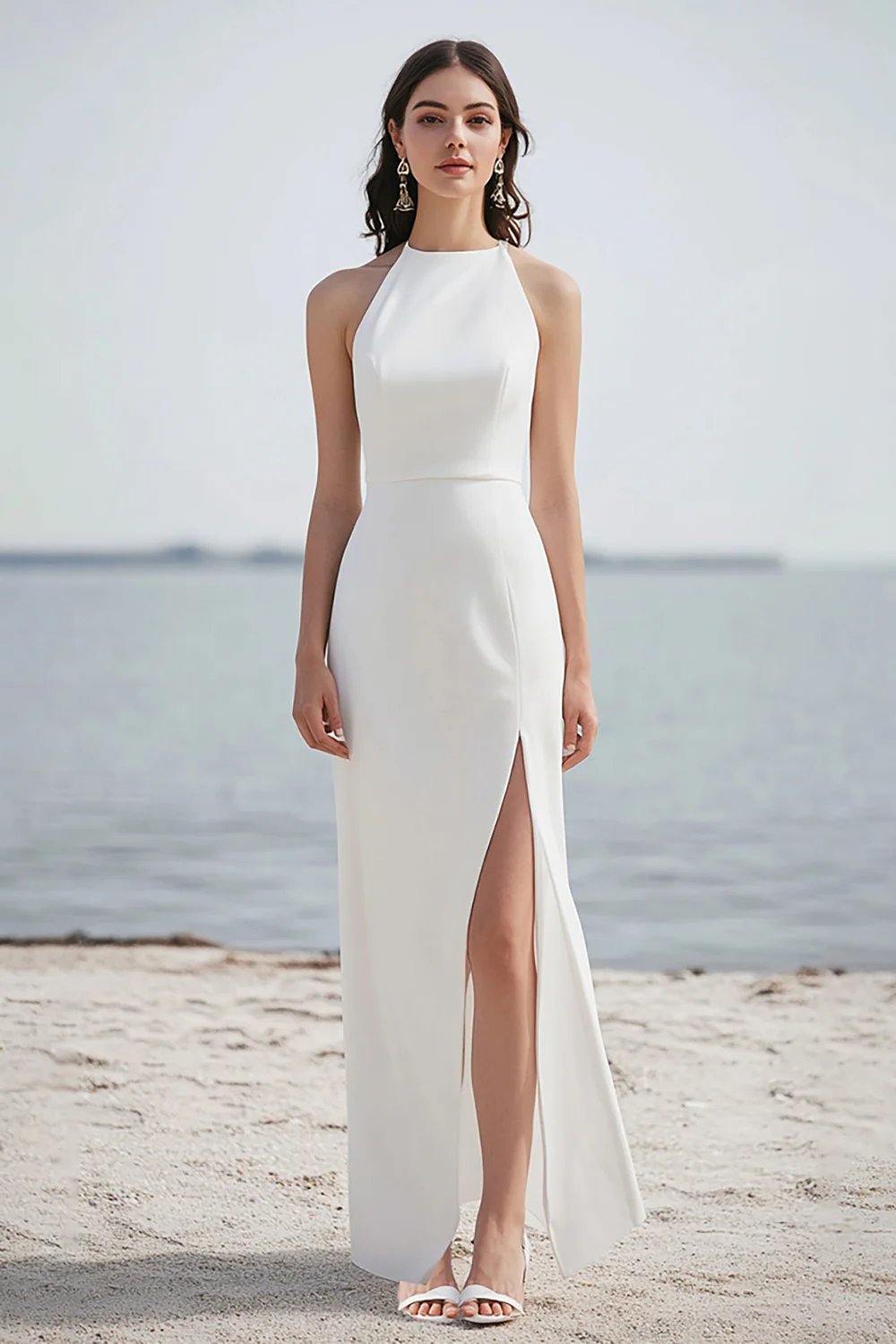 Satin Sheath Halter Ivory Maxi Rehearsal Dinner Dress with Slit - JUORTHO