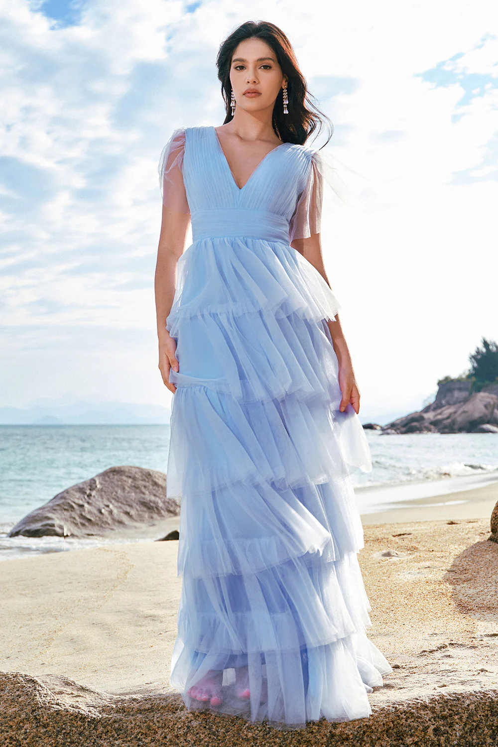 Grey Blue A-Line V Neck Tulle Long Tiered Bridesmaid Dress with Slit - JUORTHO