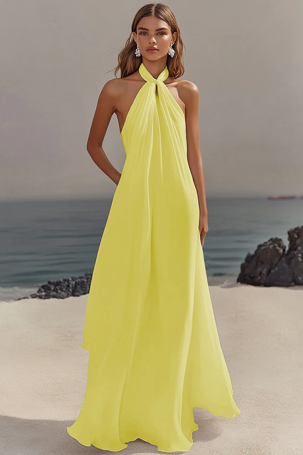 Chiffon White A Line Halter Long Rehearsal Dinner Dress - JUORTHO