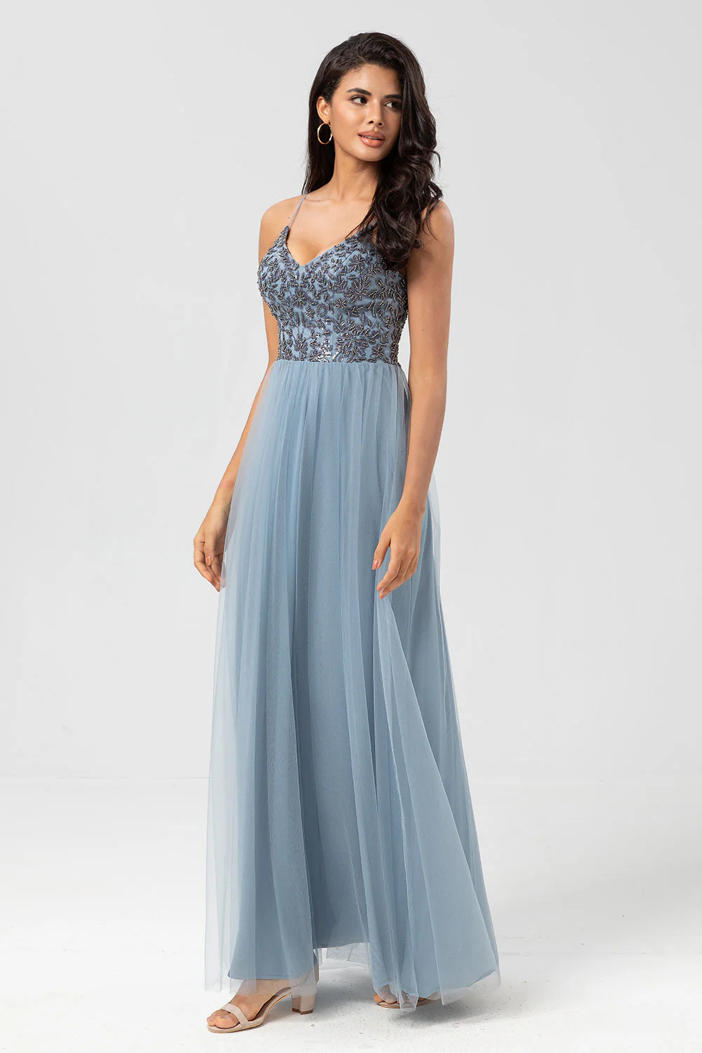 Chic Romantic A Line Spaghetti Straps Dusty Blue Long Bridesmaid Dress with Beading - JUORTHO