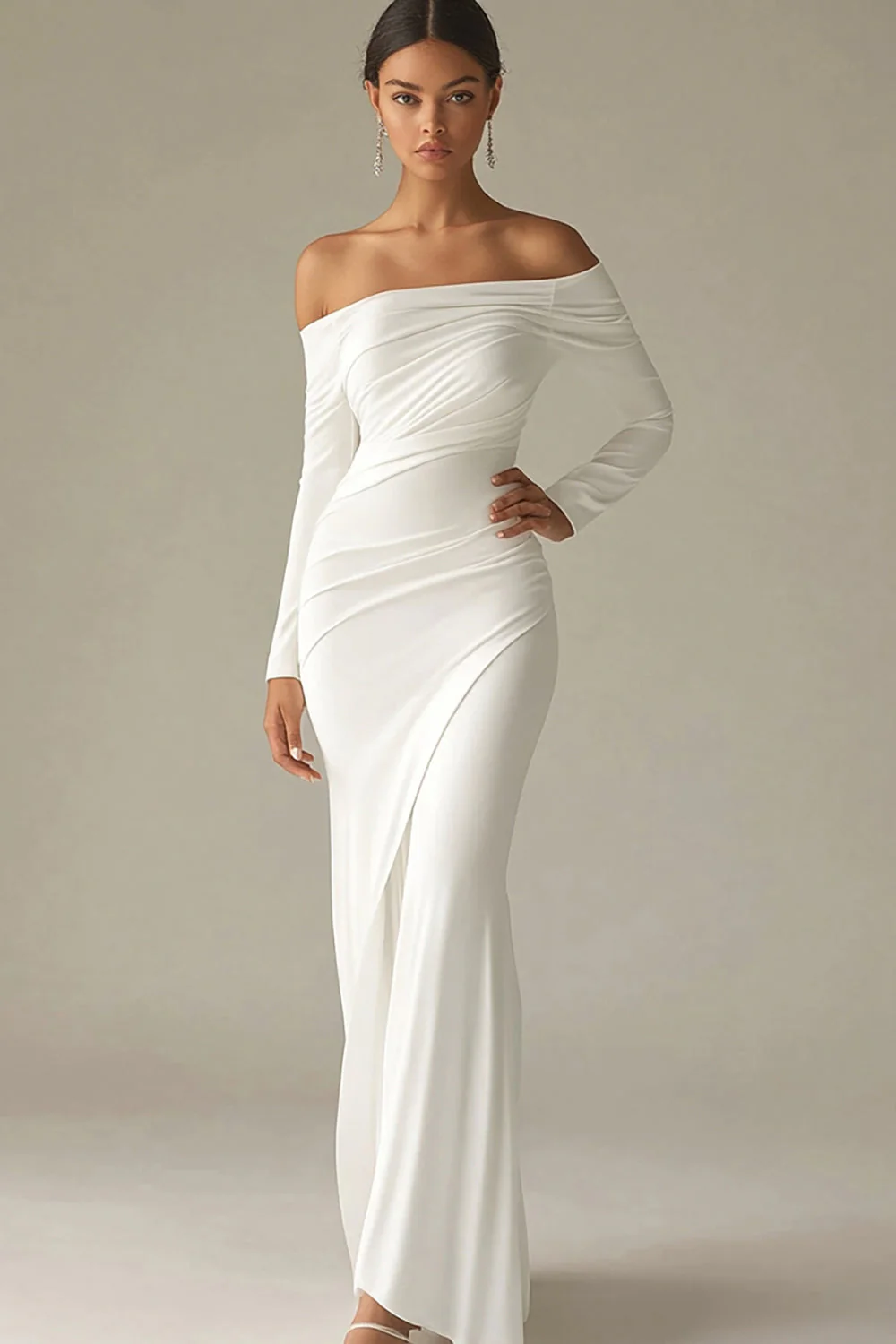 White Sheath Long Off the Shoulder Rehearsal Dinner Dress with Sleeves - JUORTHO