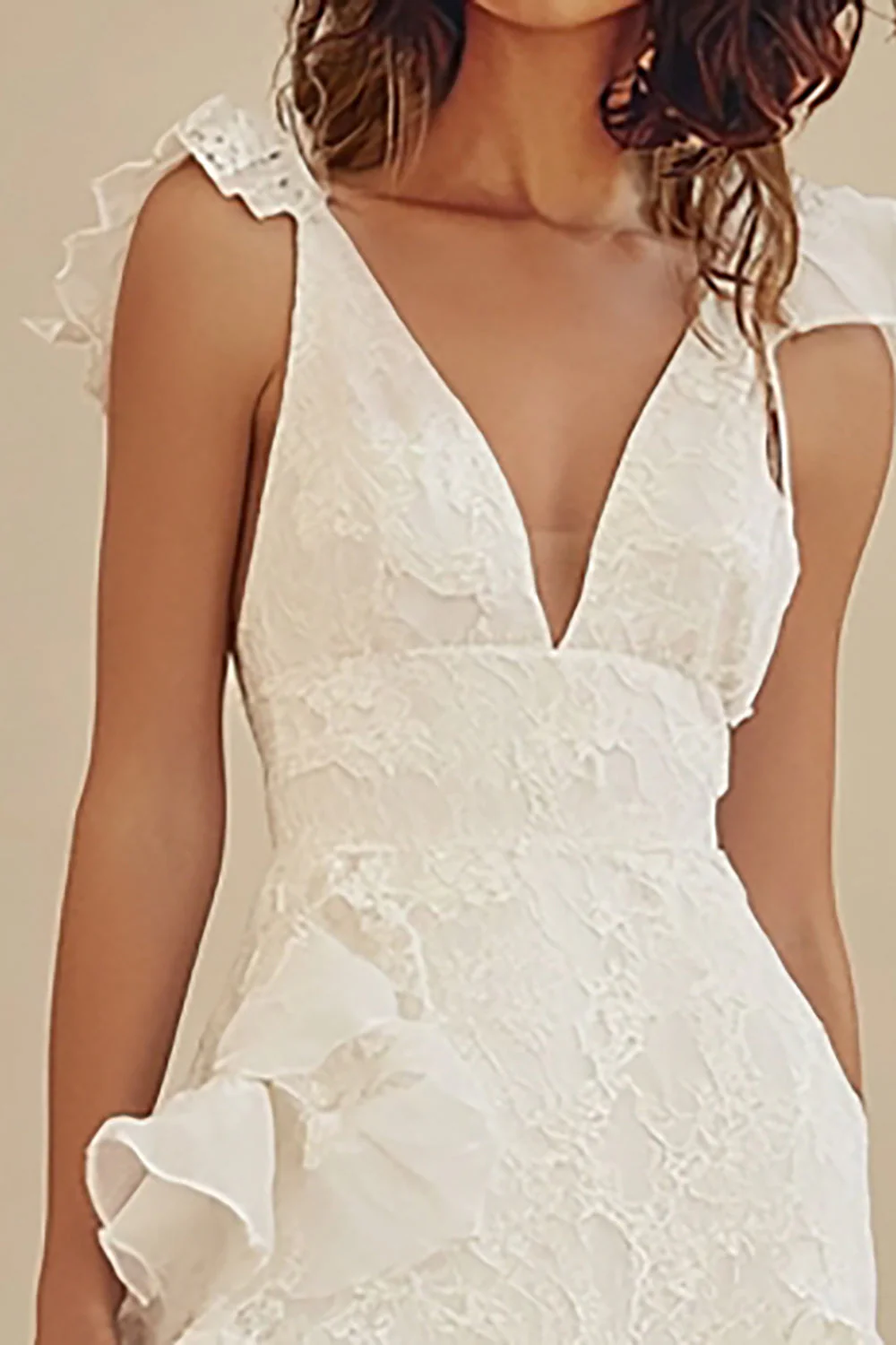 White V-Neck A-Line Lace Long Little White Dress with Ruffles - JUORTHO