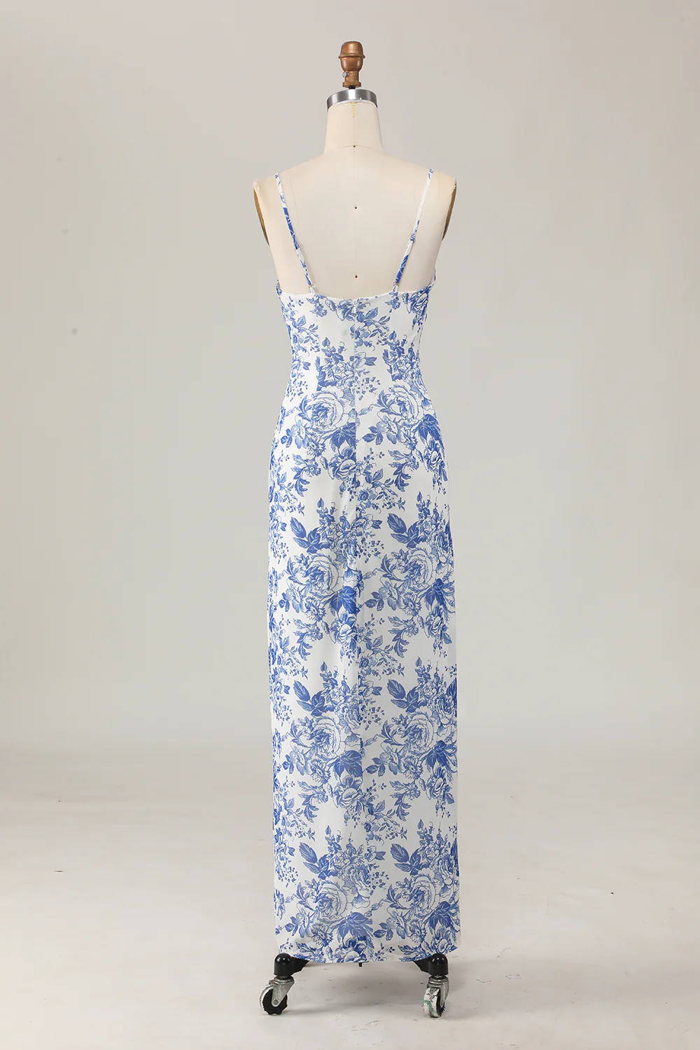 White and Blue Floral Ruched Sheath Long Wedding Guest Dress - JUORTHO