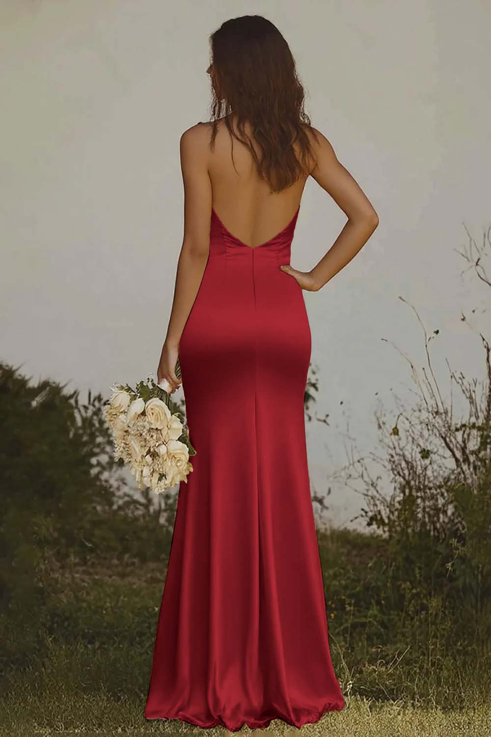 Mermaid Light Yellow Halter Long Satin Bridesmaid Dress - JUORTHO