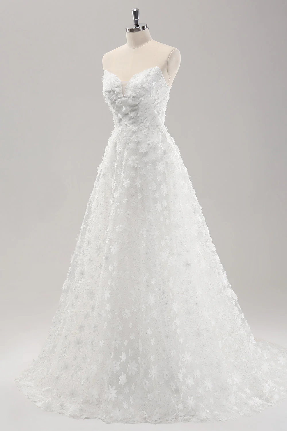 White A Line Sweetheart Applique Lace Wedding Dress with Detachable Sleeves - JUORTHO