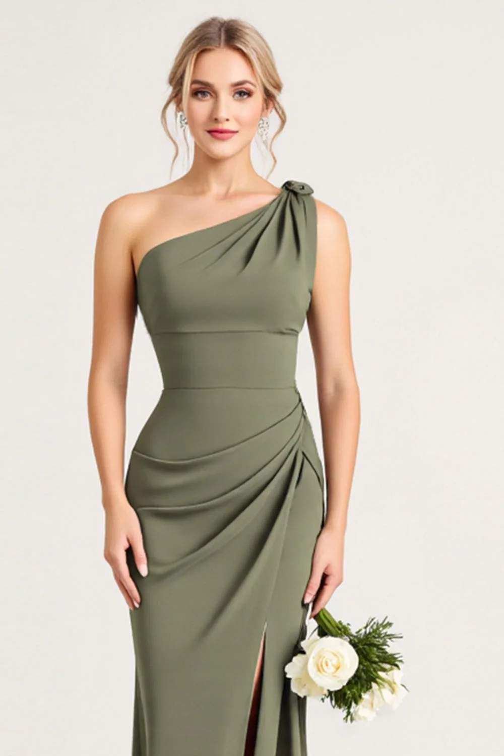 Sheath Olive One Shoulder Long Bridesmaid Dress with Slit - JUORTHO