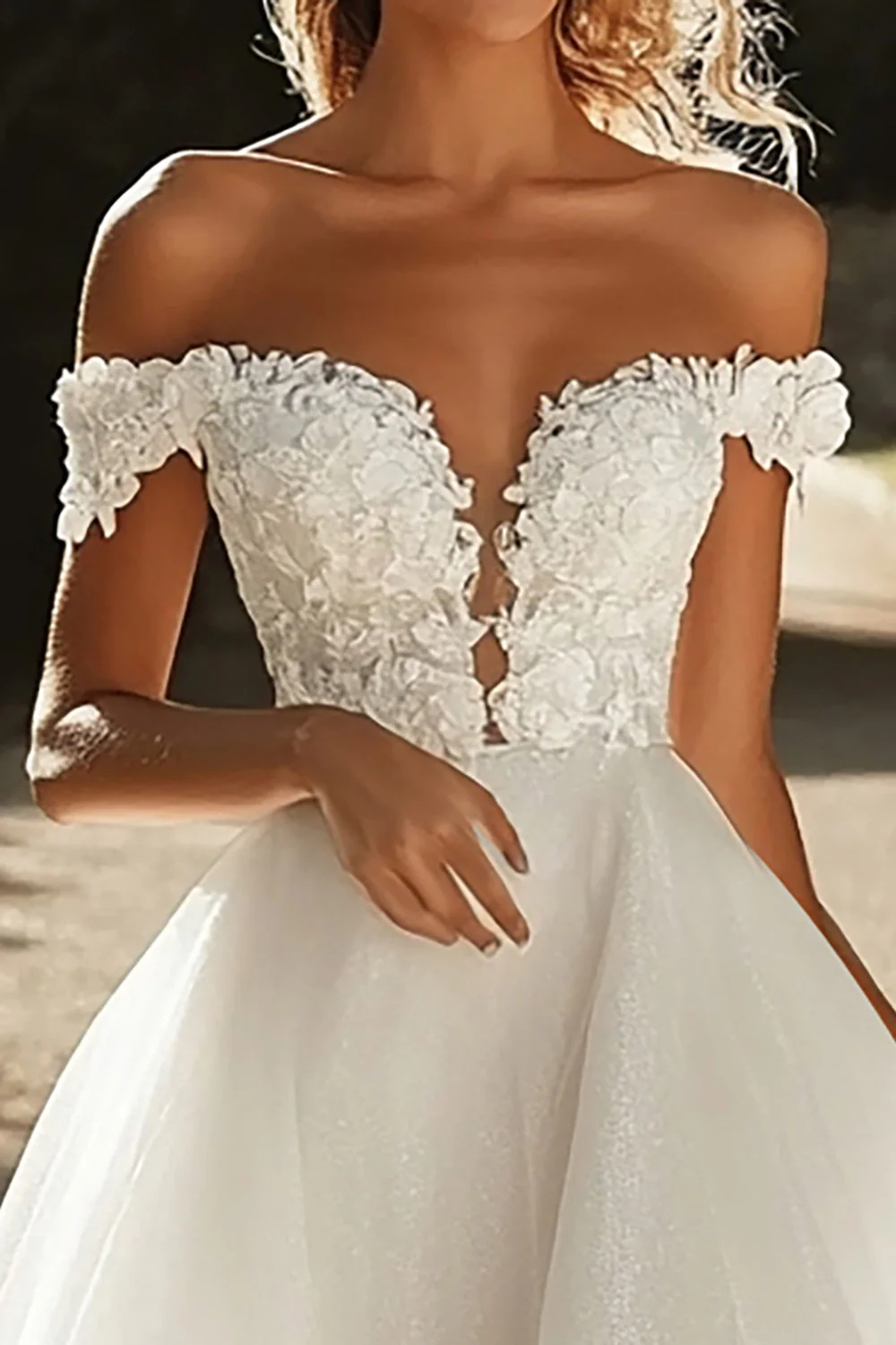 Glitter A Line Off the Shoulder Tulle Ivory Wedding Dress with Appliques - JUORTHO