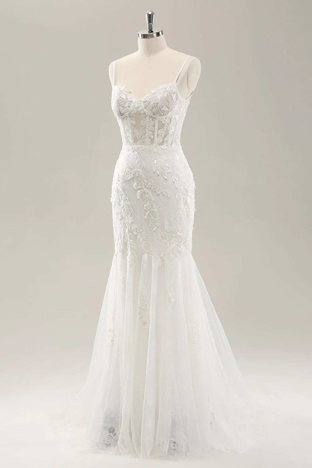 White Mermaid Corset Tulle Wedding Dress with Applique Lace - JUORTHO