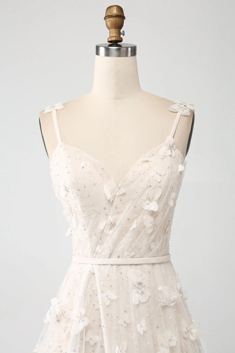 Apricot A Line Spaghetti Straps Appliques Long Wdding Dress with Slit - JUORTHO