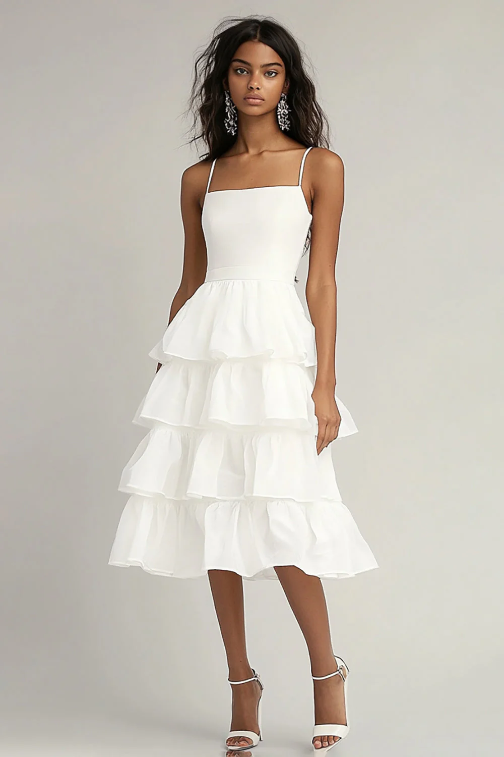 Ivory Square Neck A Line Midi Graduation Dress with Ruffles - JUORTHO