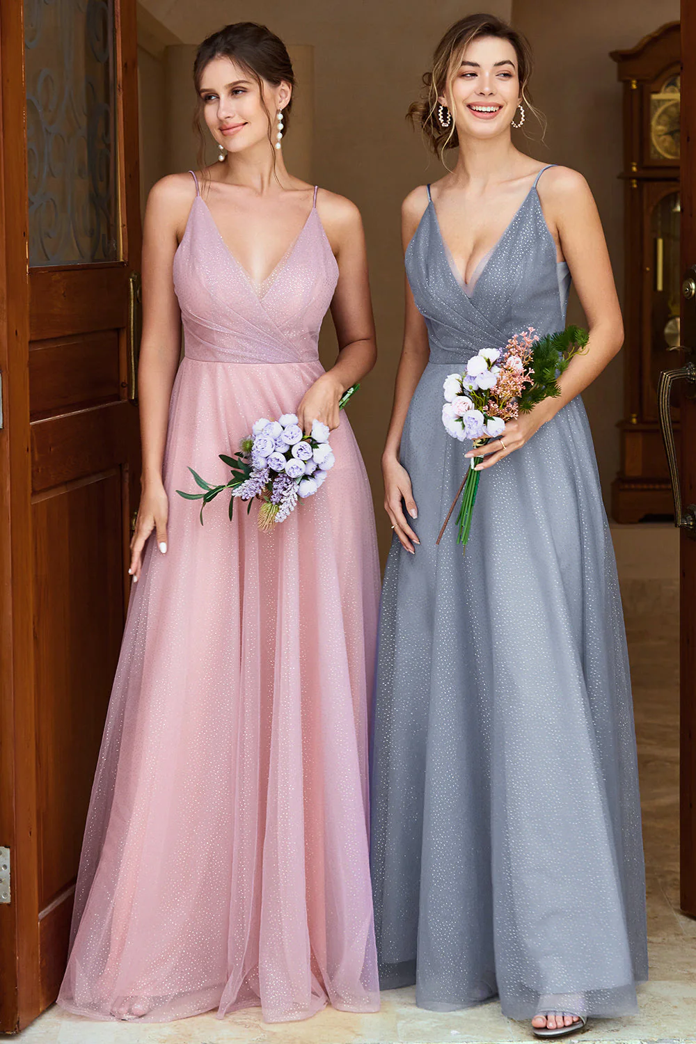 A Line Spaghetti Straps Grey Blue Long Bridesmaid Dress - JUORTHO
