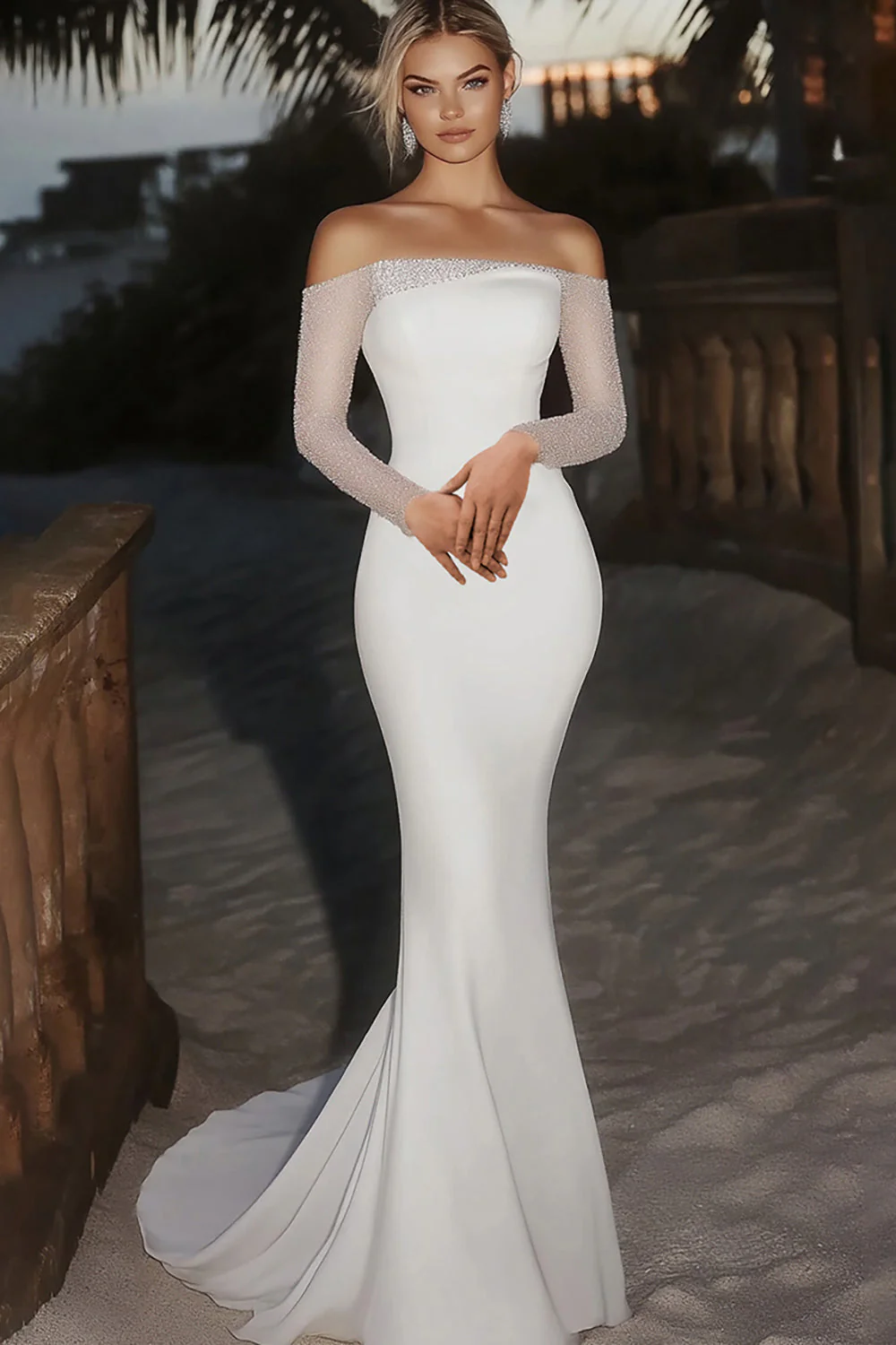 Elegant Ivory Off the Shoulder Beaded Mermaid Long Wedding Dress with Long Sleeves - JUORTHO