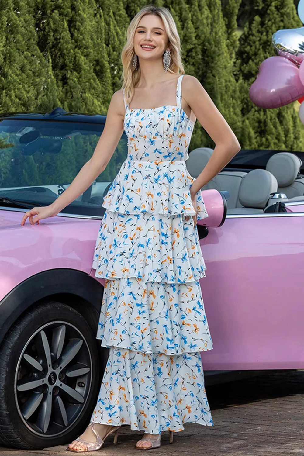 Blue Tiered Print Ruffled Long Prom Dress with Bows - JUORTHO