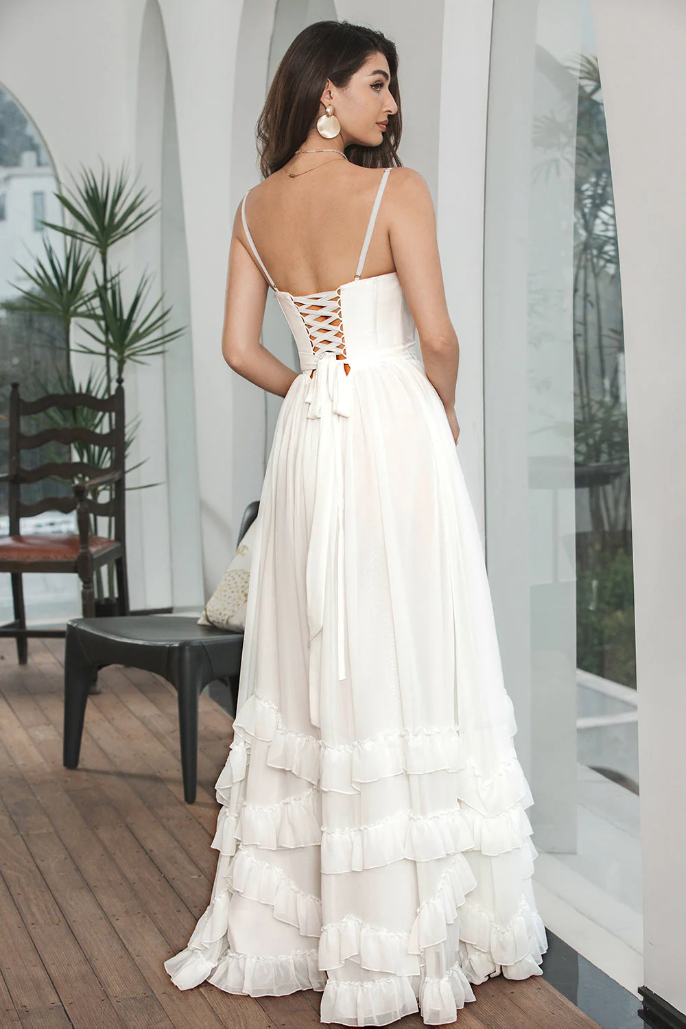 Simple White Ruffled Chiffon Corset Engagement Party Dress with Slit - JUORTHO