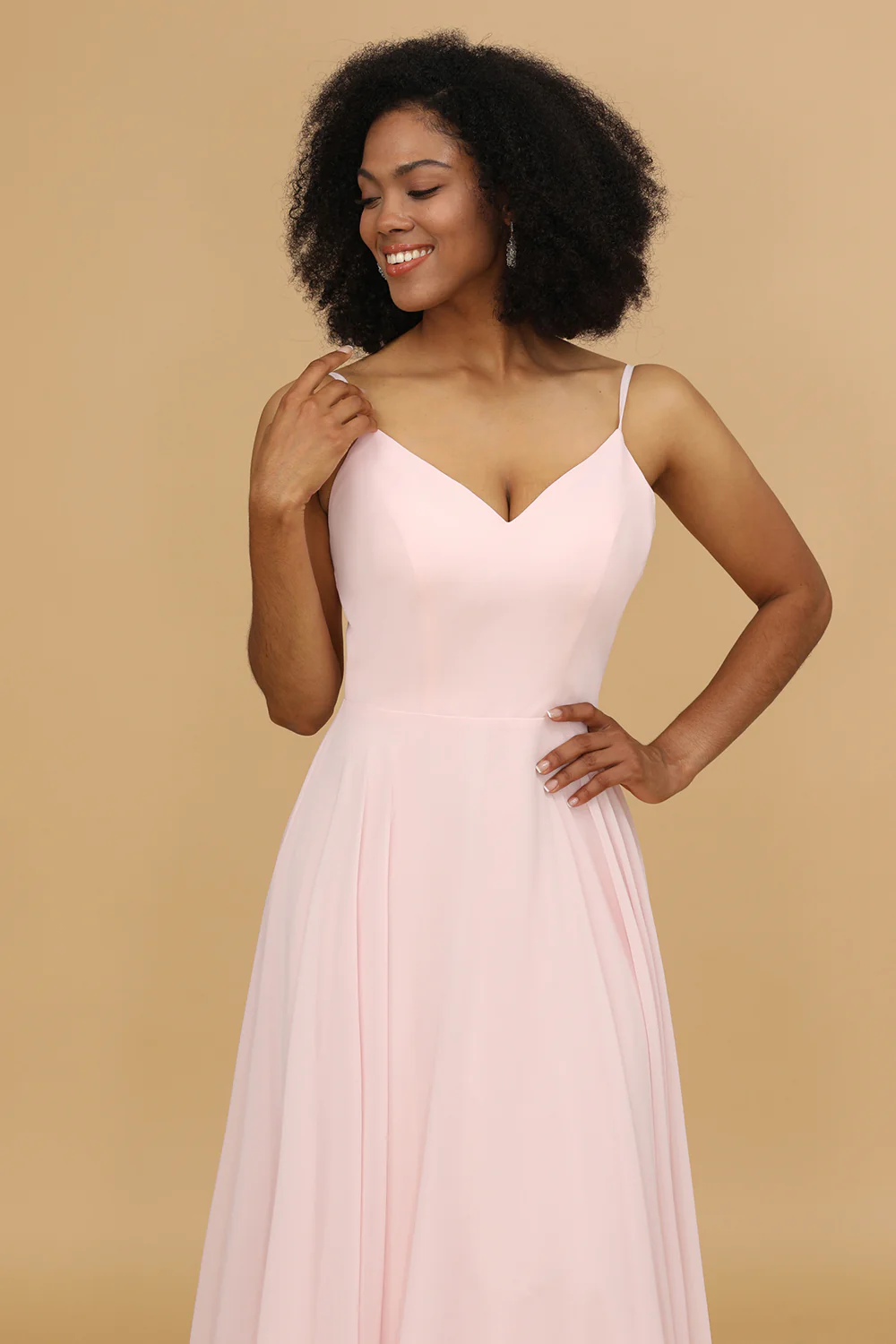 Pink  V-neck Spaghetti Straps Bridesmaid Dress - JUORTHO