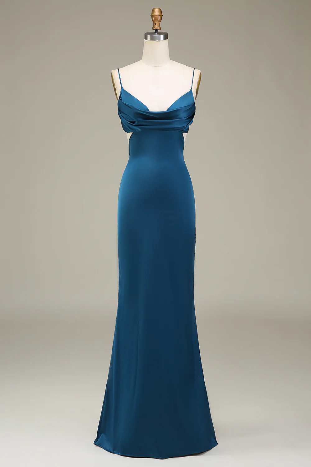 Peacock Sheath Spaghetti Straps Long Satin Bridesmaid Dress - JUORTHO