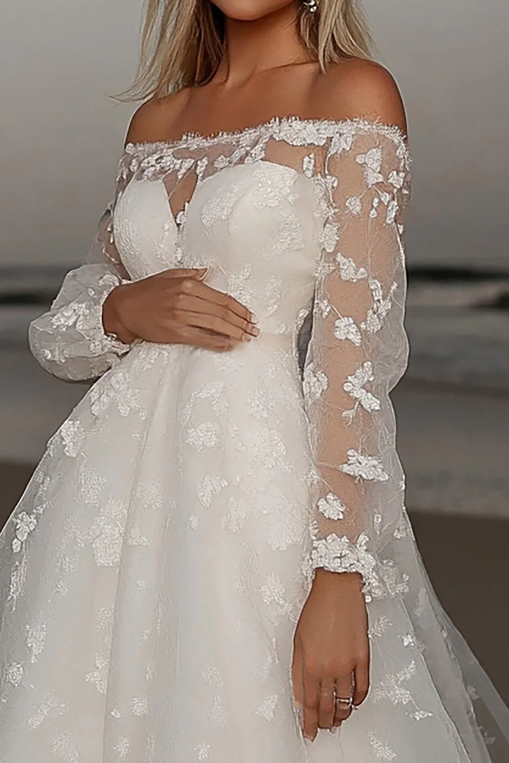 Elegant Ivory Lace A Line Off the Shoulder Wedding Dress with Long Sleeves - JUORTHO