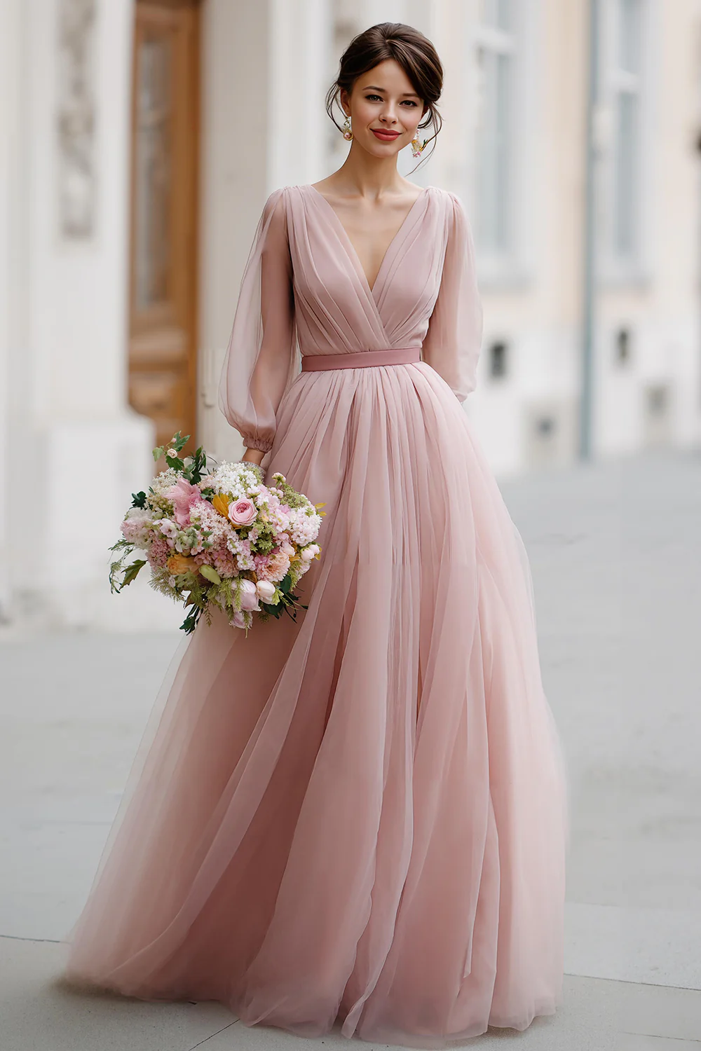 Dusty Rose V-Neck Tulle A-Line Long Bridesmaid Dress with Sleeves - JUORTHO