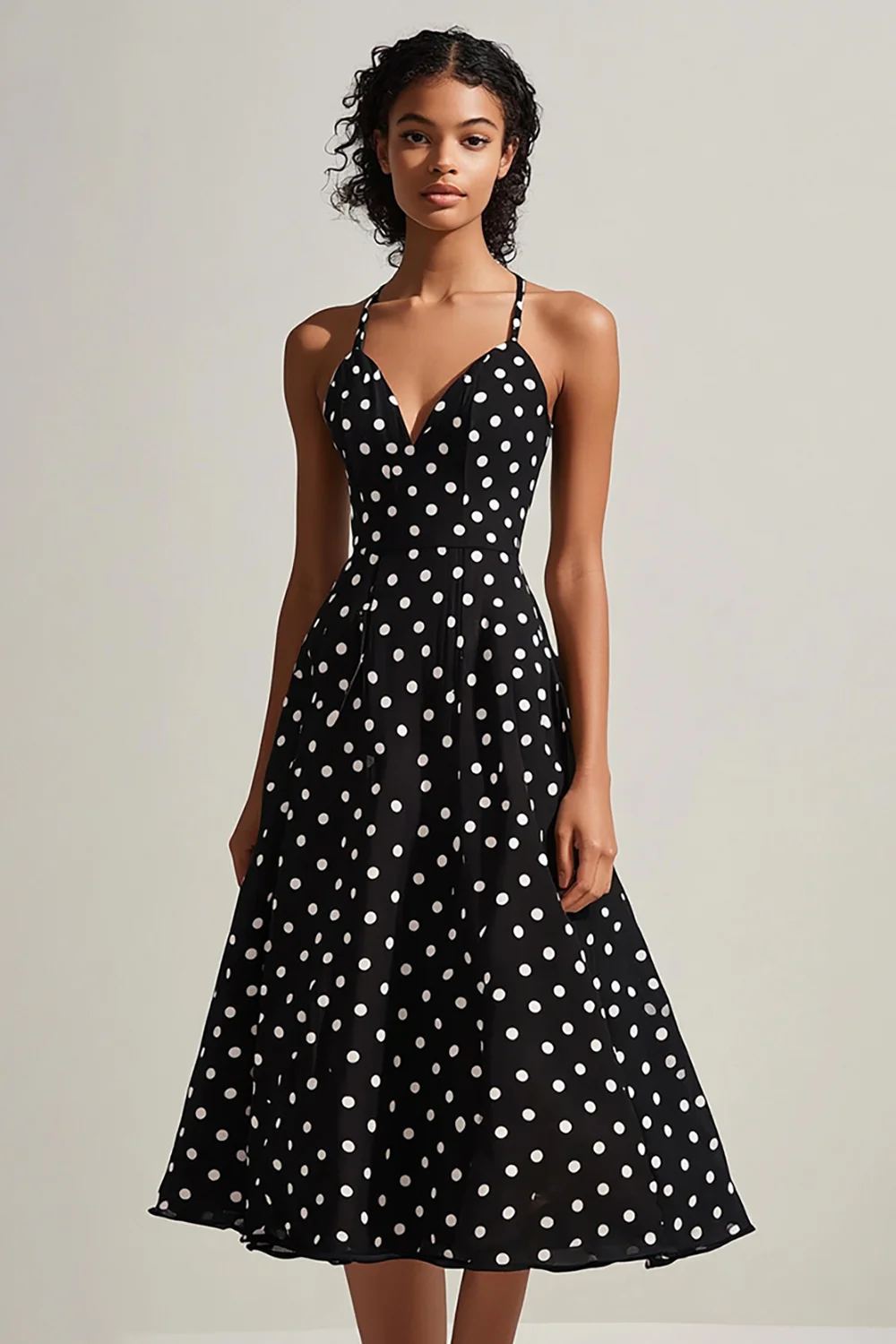 A Line Black and White Boho Chiffon Spaghetti Straps Midi Polka Dot Dress - JUORTHO