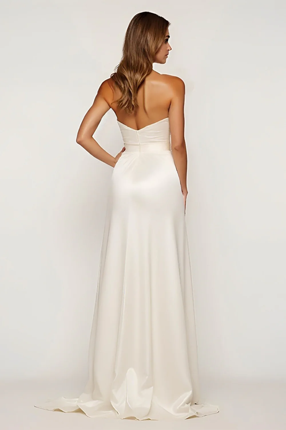 Ivory Strapless Satin Long Graduation Dress with Slit - JUORTHO