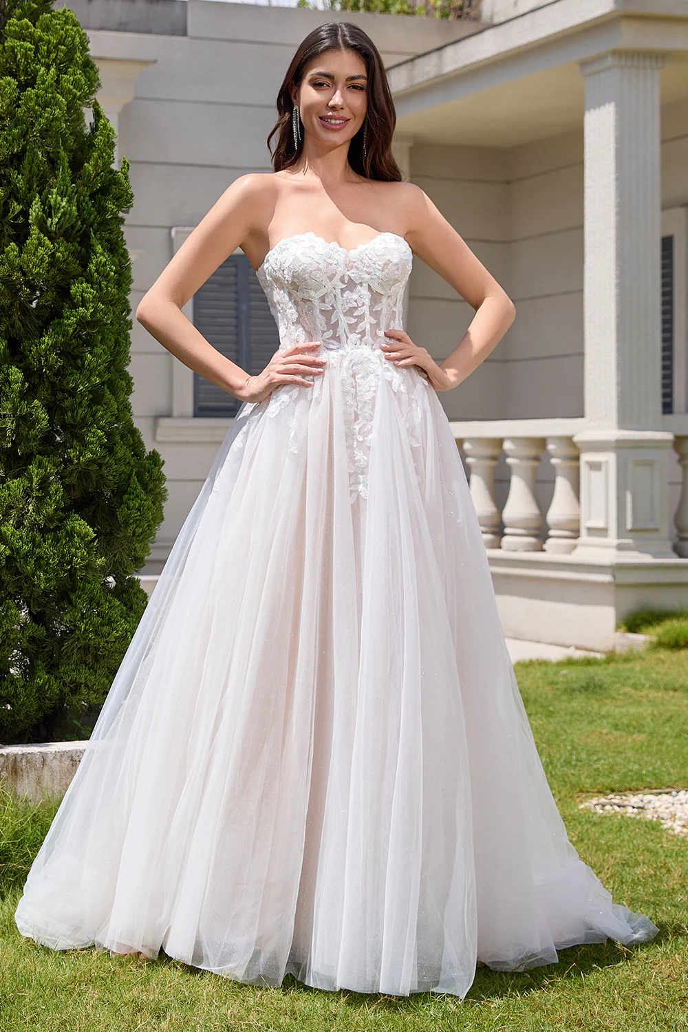 White A Line Strapless Sparkly Wedding Dress with Applique Lace - JUORTHO