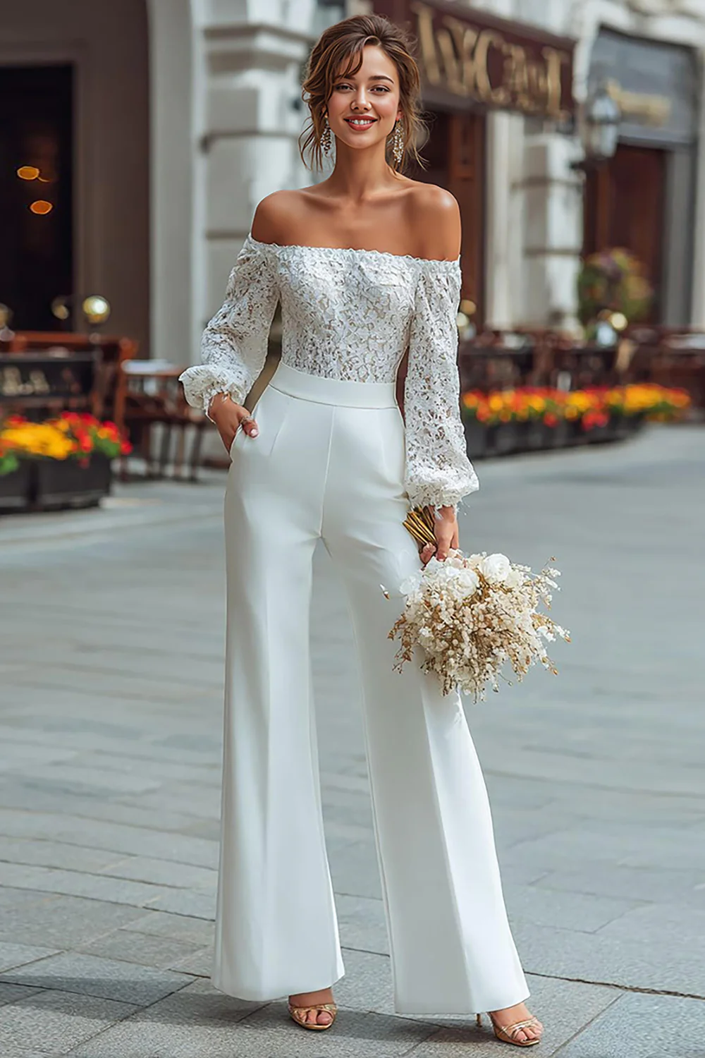 White Wide Leg Long Sleeves Bridal Jumpsuits with Appliques - JUORTHO