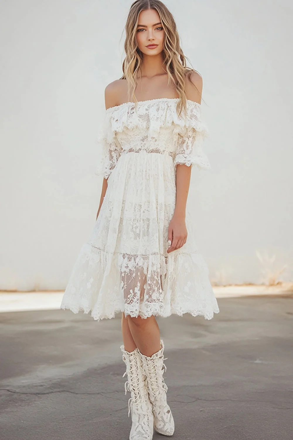 White Lace Midi A Line Boho Graduation Dress with Flare Sleeves - JUORTHO
