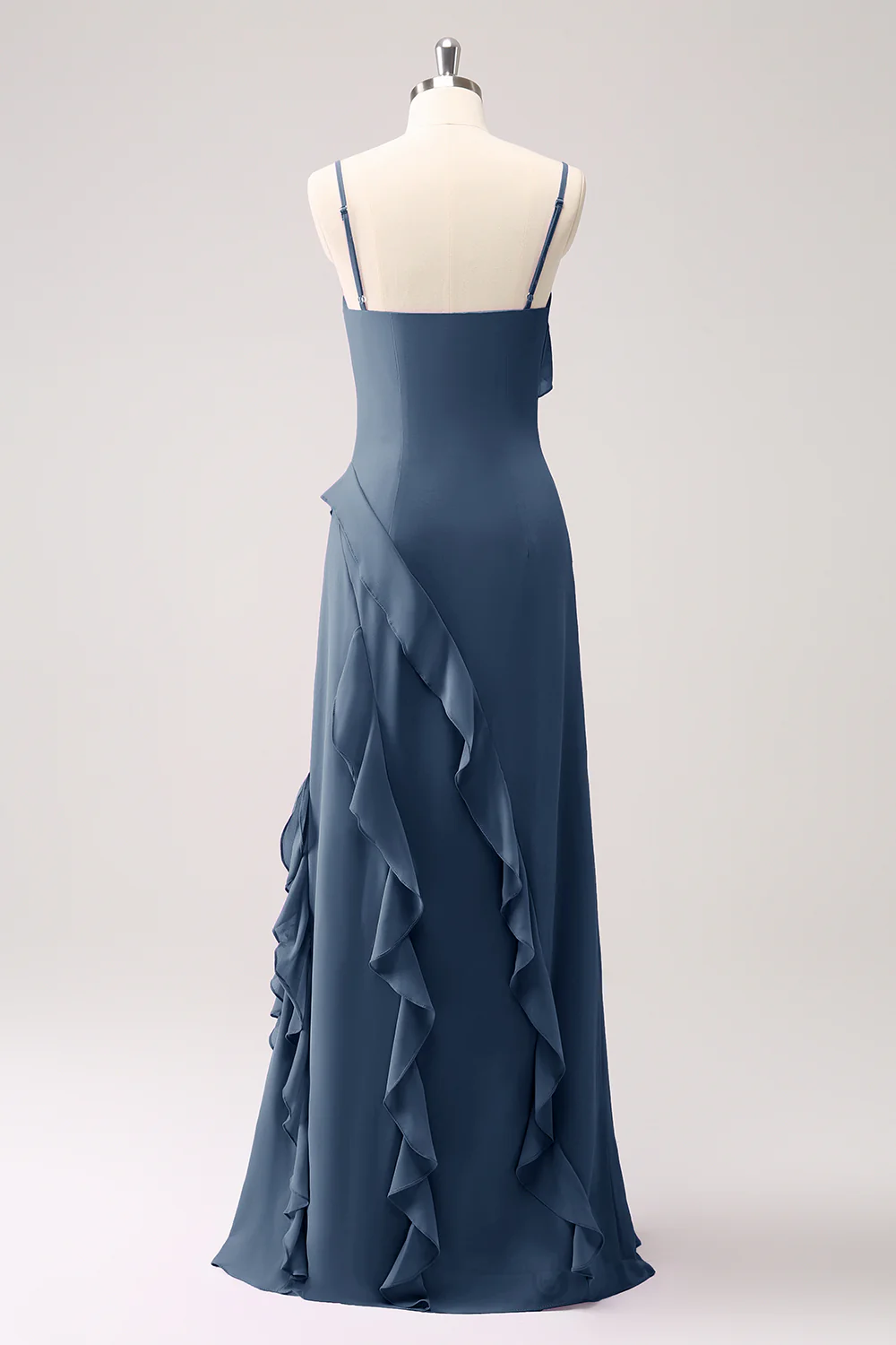 Tahiti Spaghetti Straps Chiffon Ruffled Long Bridesmaid Dress with Slit - JUORTHO