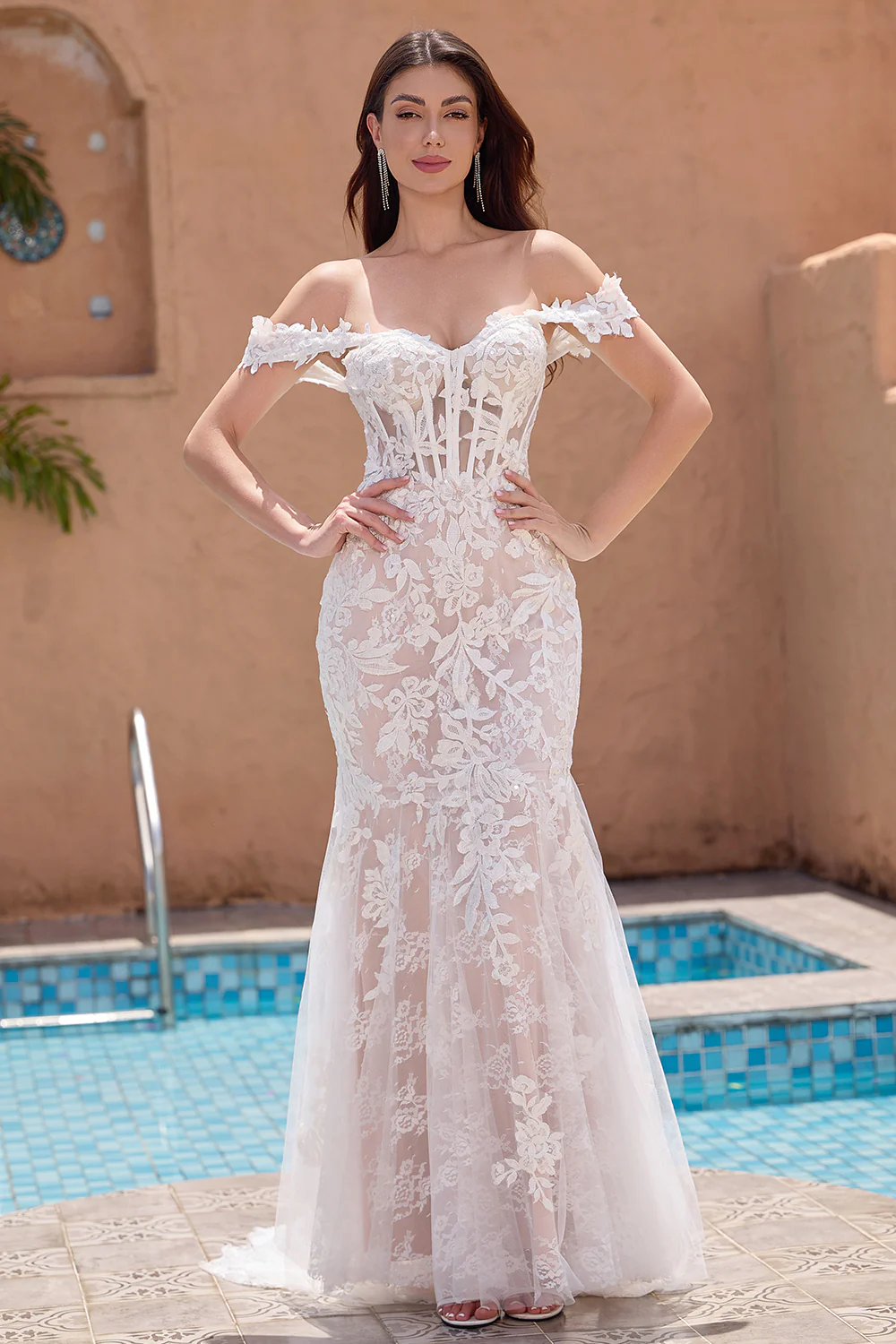 White Mermaid Off the Shoulder Corset Wedding Dress with Applique Lace - JUORTHO