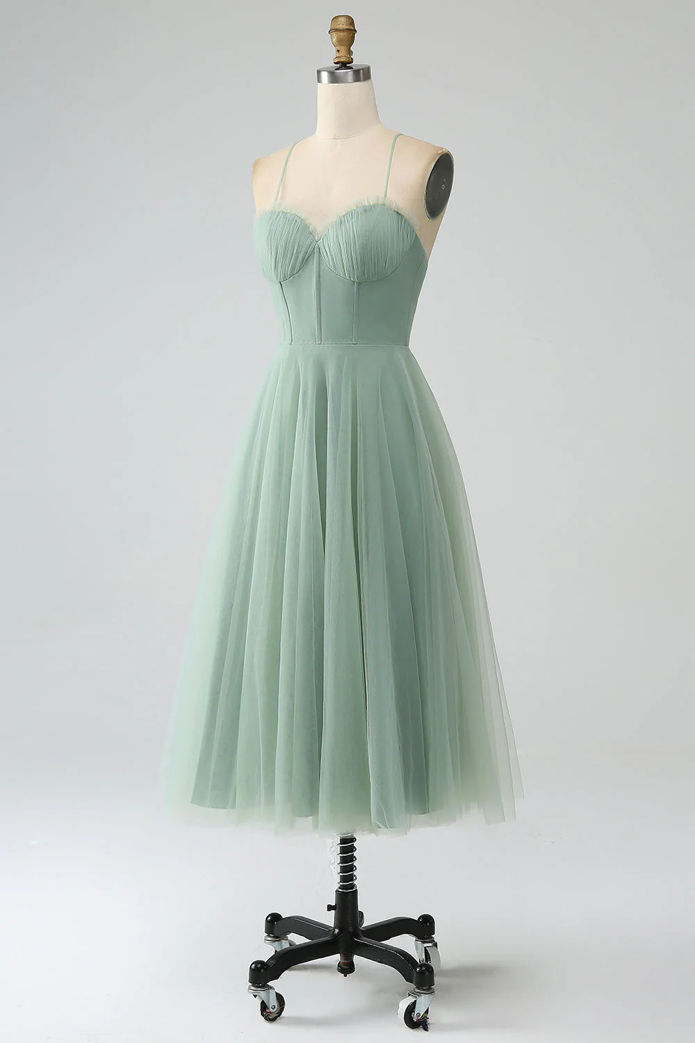 Matcha A-Line Spaghetti Straps Tea-Length Corset Tulle Bridesmaid Dress - JUORTHO