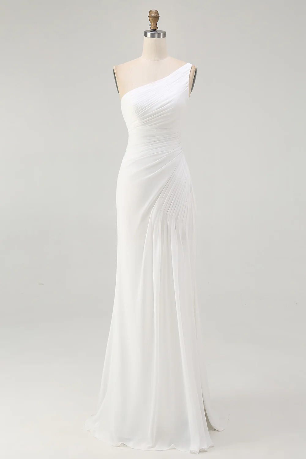 Ivory Ruched One Shoulder Maxi Chiffon Rehearsal Dinner Dress with Slit - JUORTHO