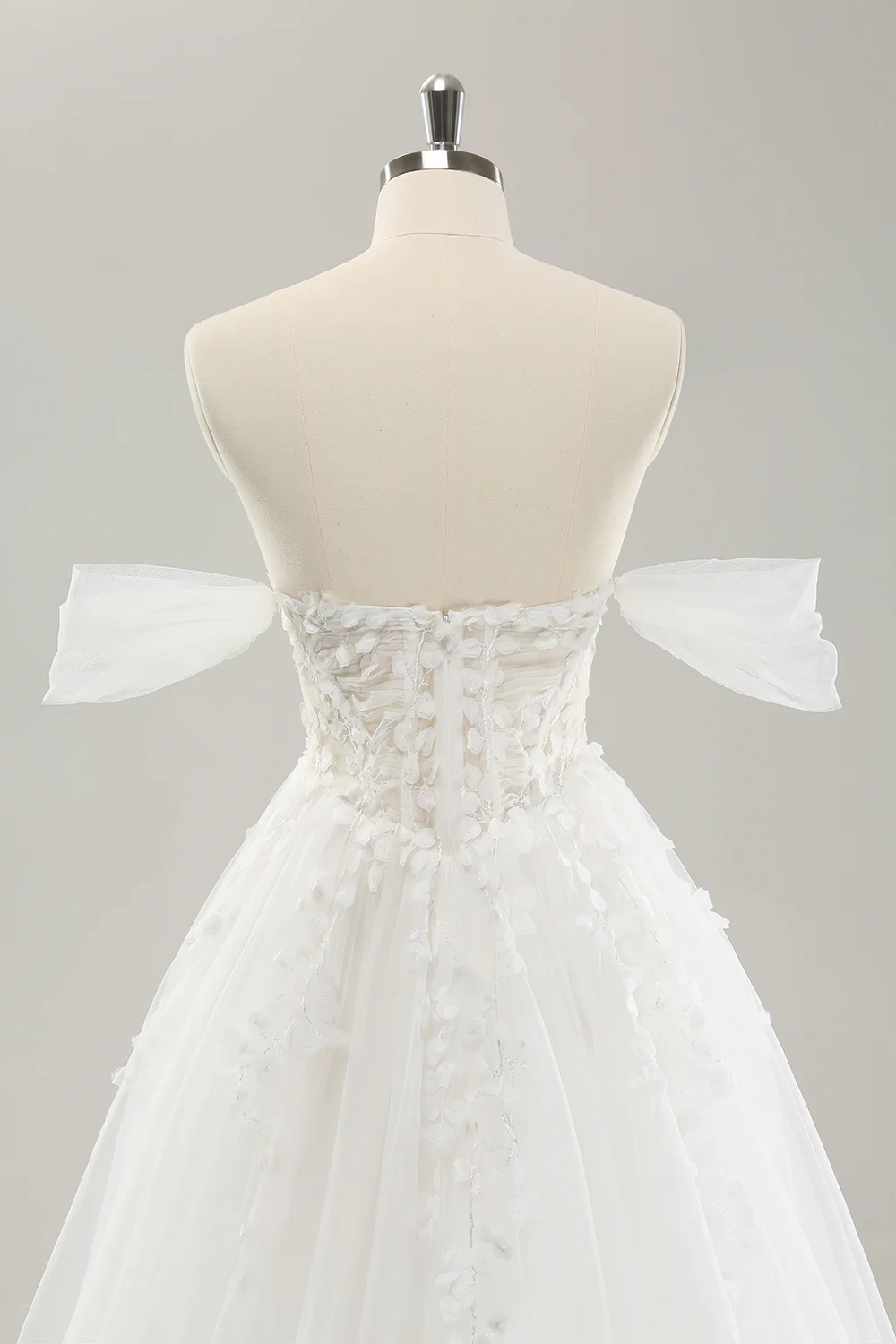 Princess Off The Shoulder Sweep Train Tulle Corset Wedding Dress with Appliques - JUORTHO