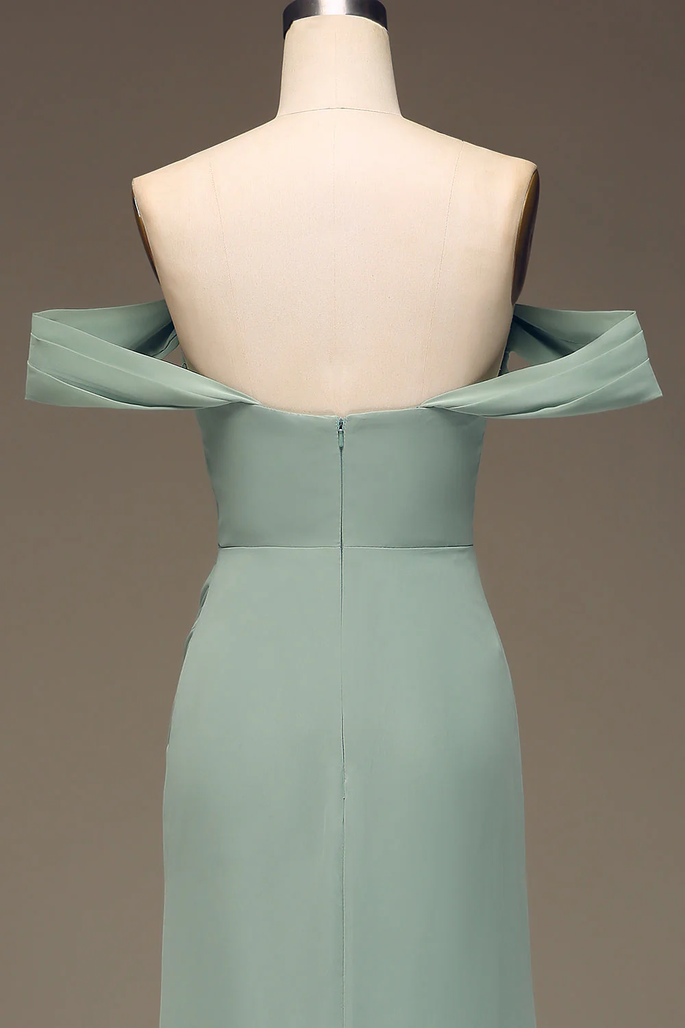 Dusty Sage Off the Shoulder Sheath Chiffon Pleated Long Bridesmaid Dress - JUORTHO