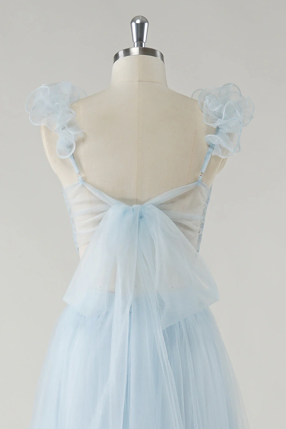Sky Blue A-Line Ruffles Straps V-Neck Tulle Long Bridesmaid Dress - JUORTHO