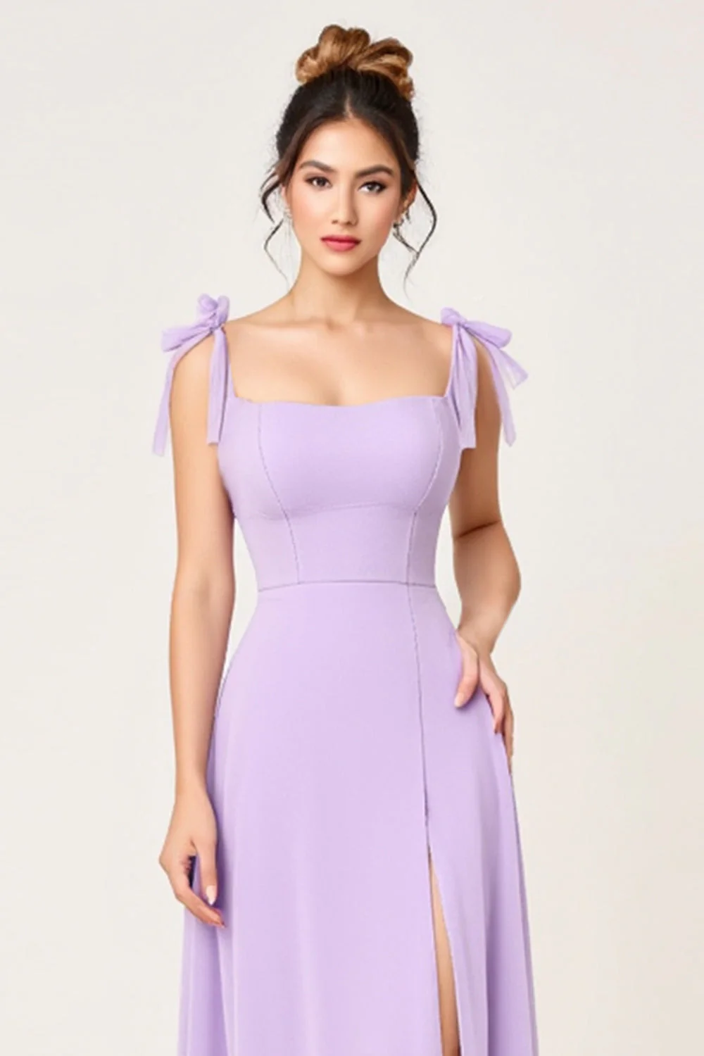 Simple Lilac Sheath Square Neck Maxi Bridesmaid Dress with Slit - JUORTHO