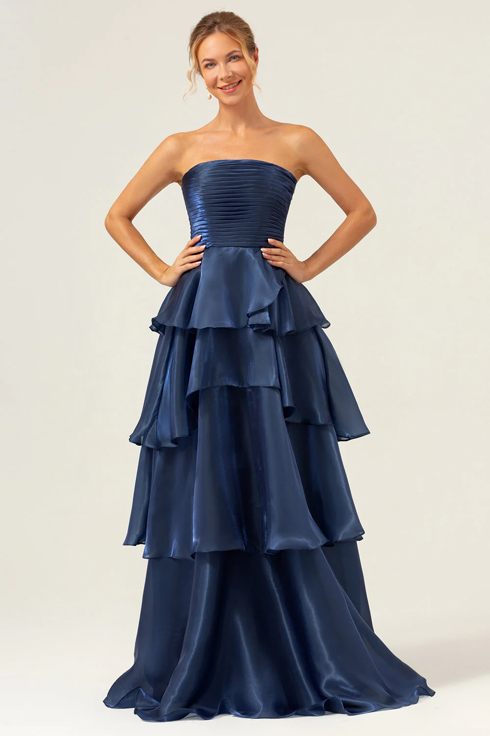 Dark Navy A Line Strapless Tiered Satin Long Bridesmaid Dress - JUORTHO